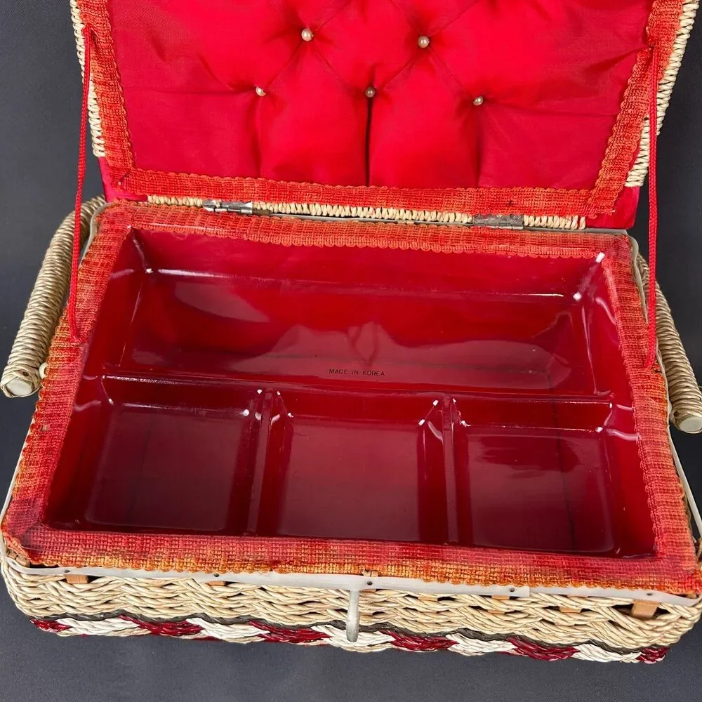 Charming Vintage Cream + Red Wicker Sewing Box 11